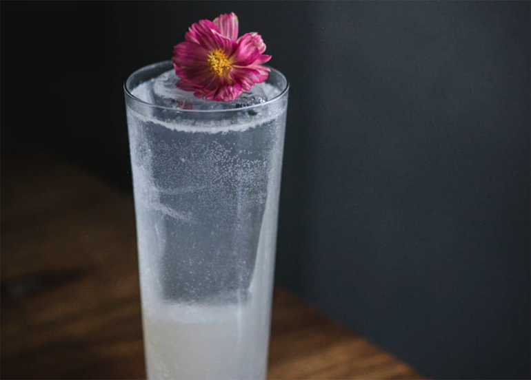 Clear, Sparkly Gin with a Pink Flower garnish