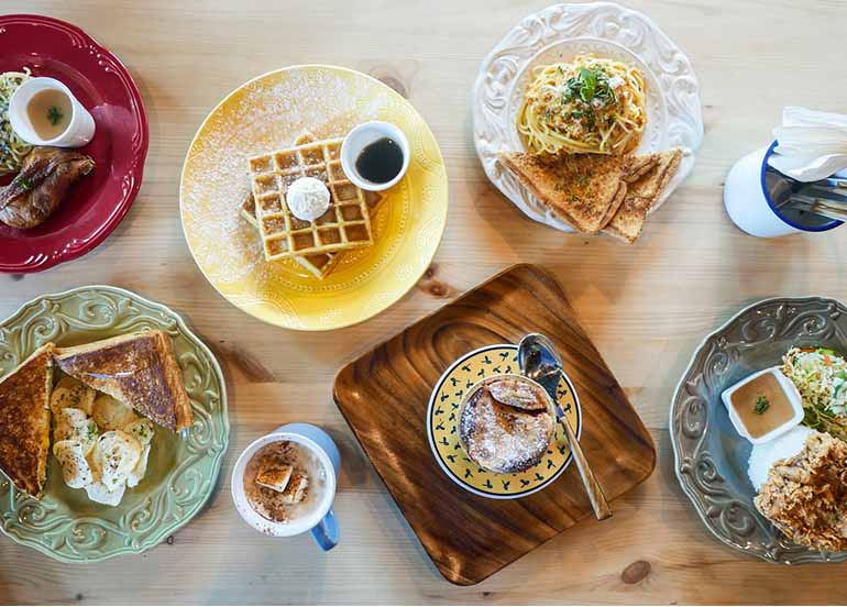 Arc and Vine Brunch Dishes Waffles, Pasta, Grilled Cheese