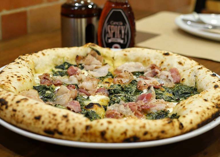 Smoked Bacon with Creamed Spinach Pizza from Gino's Brick Oven Pizza
