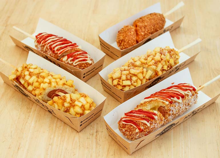 Classic, Potato, Mozzarella, and Cheddar Corndogs from 101 Korean Hotdog