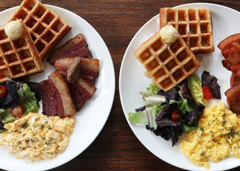 Single Origin Waffles with Bacon and Egg and Waffles with Corned Beef and Egg
