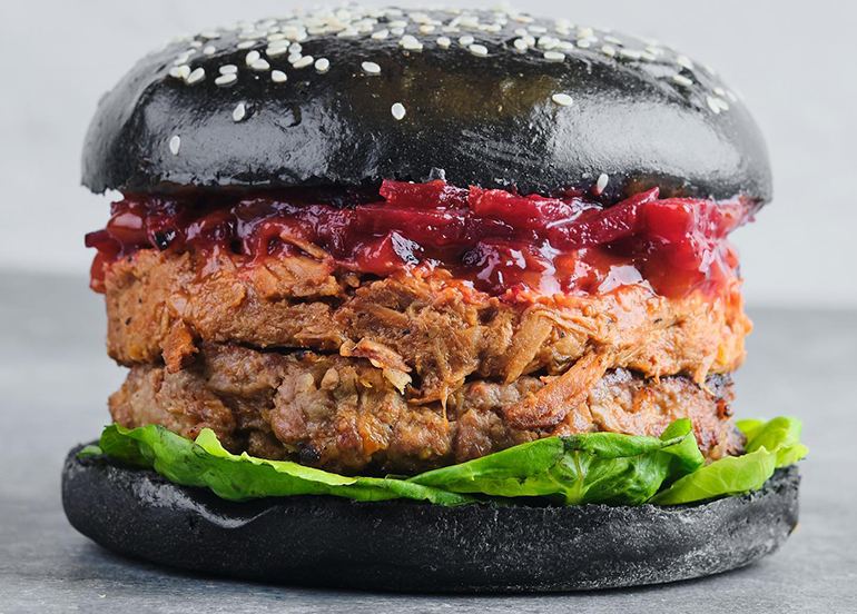 raging bull burger angus beef burger with black sesame bun